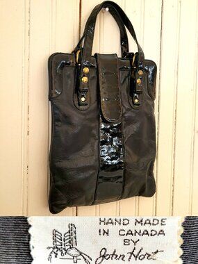 John Hort Vintage Black Leather Handbag Hand‎ Made in Canada Patent leather Gold